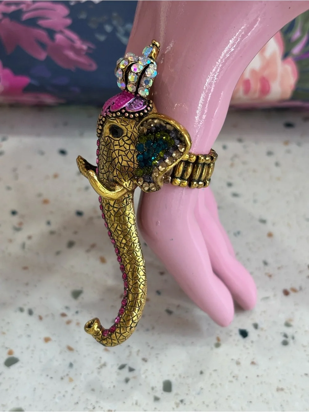 Chunky Large Jeweled Elephant Trunk Ring - Gold with Crystals Costume Jewelry